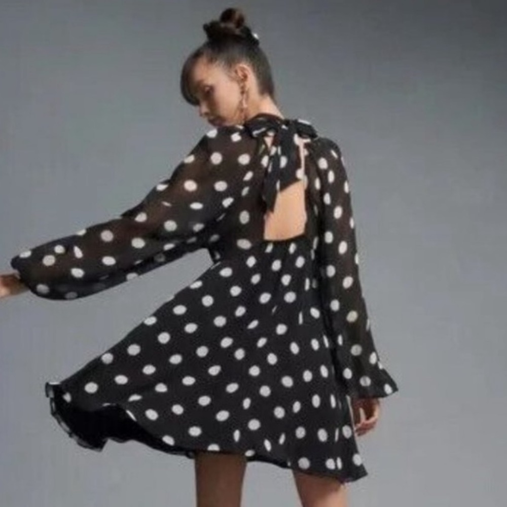 BRAND NEW Anthropologie Maeve Polka Dot Sheer Sleeve Mini Mod Swing Dress.